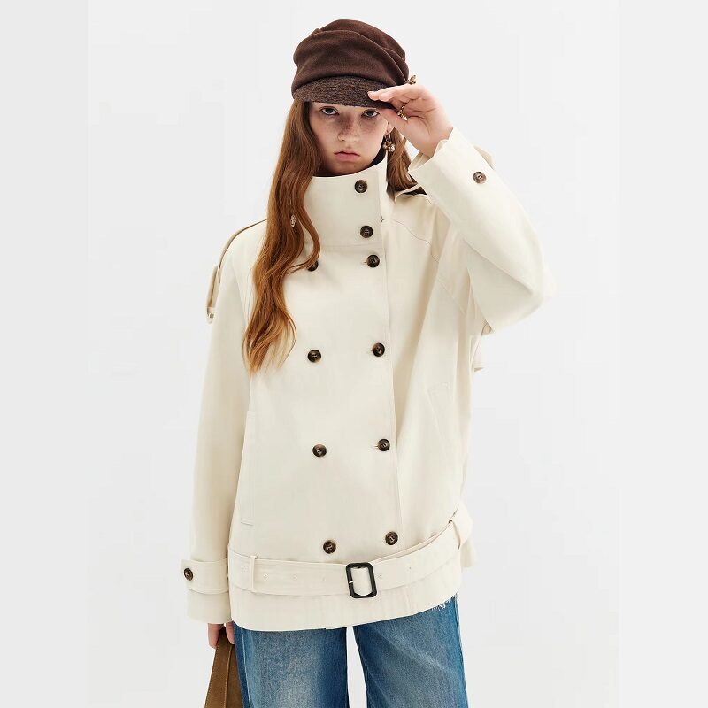 Minimalist Short Double-Breasted Cotton-Lyocell Beige Trench Coat