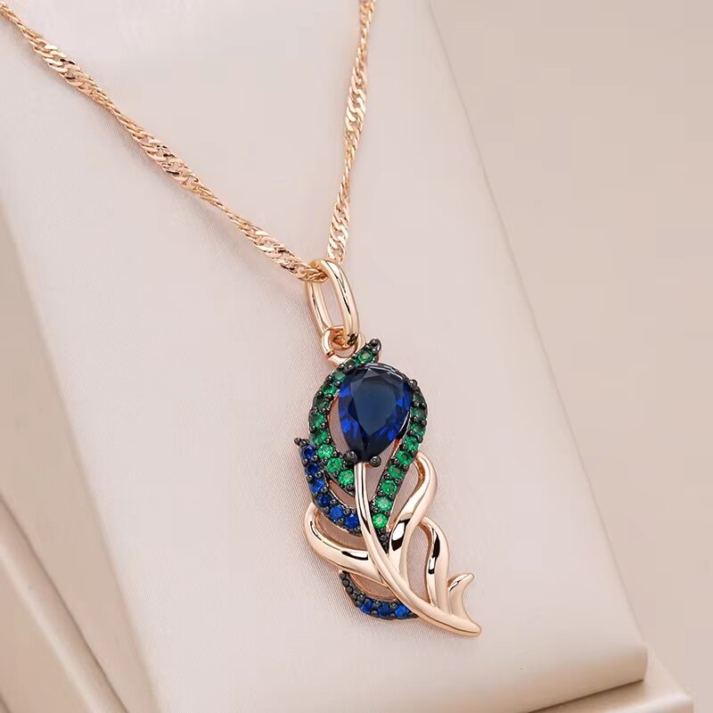 585 Rose Gold Plated Natural Zircon Feather Pendant Necklace