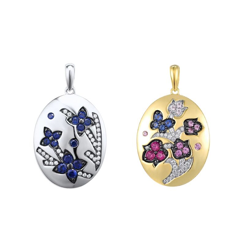 Majestic Crest Ruby Red And Sapphire Blue Gemstone Halo Pendant