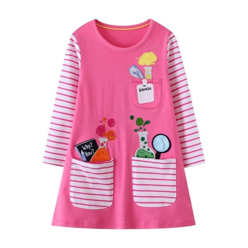 Art Paint School Little Scientist Applique Long Sleeve Striped Dress