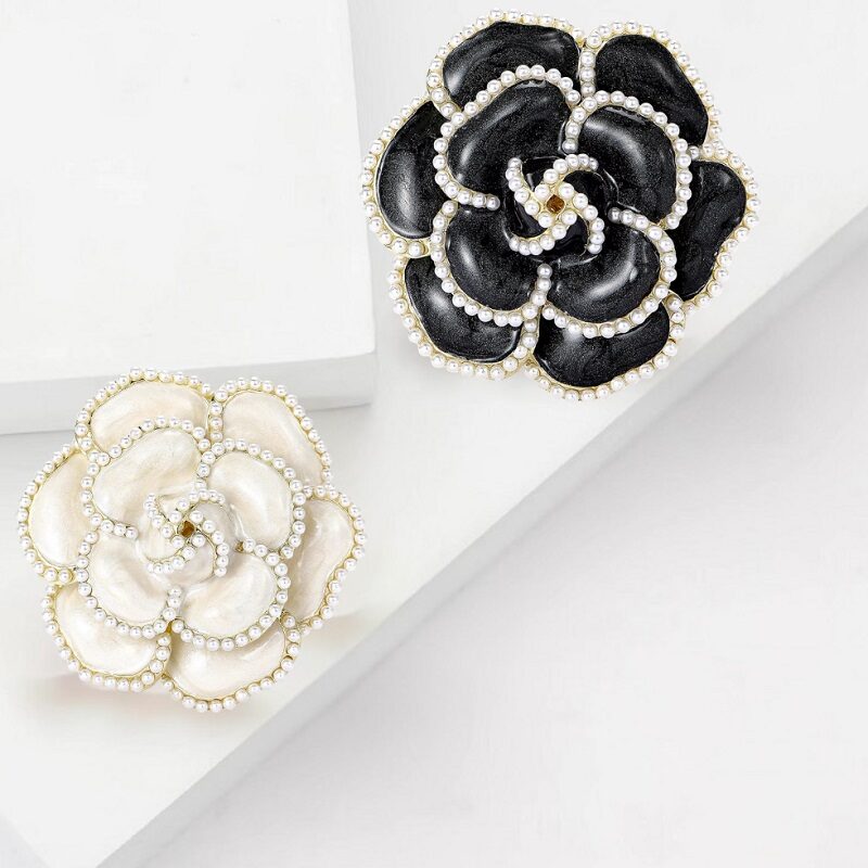 Parisian Couture Pearl Beaded Enamel Camellia Flower Brooch
