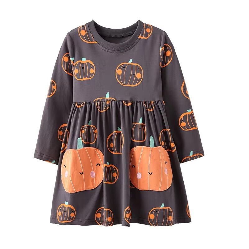Pumpkin Patch Magic Girls’ Charcoal Grey All-Over Pumpkin Print Dress