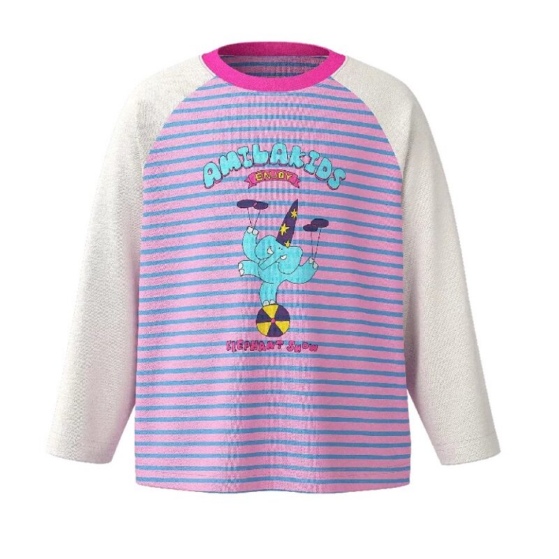 Bear Show Whimsical Long-Sleeve Tee White Blue Stripes