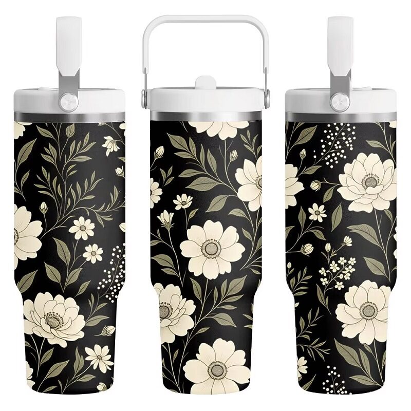 Black Rose Garden Stainless Steel Tumbler Handle & Straw