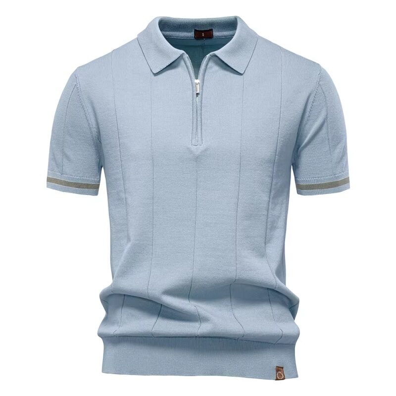 Minimalist Polo Shirt Zipper Short Sleeve Blue Shade