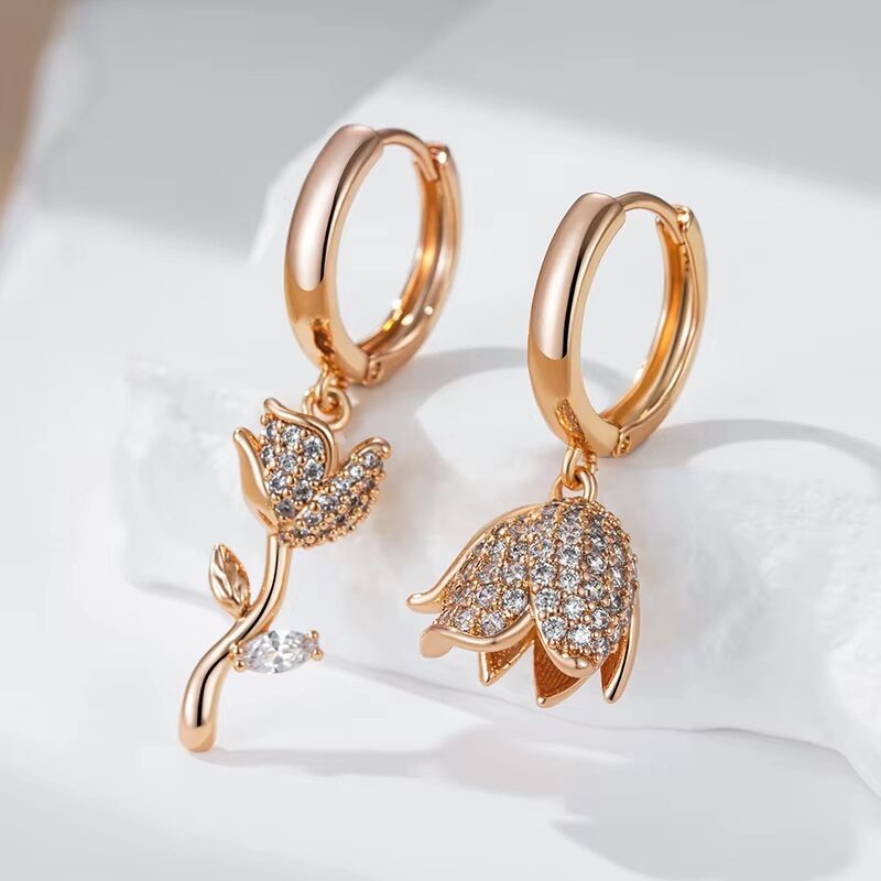 Rose Gold Pave Zircon Tulip And Rose Huggie Drop Earrings