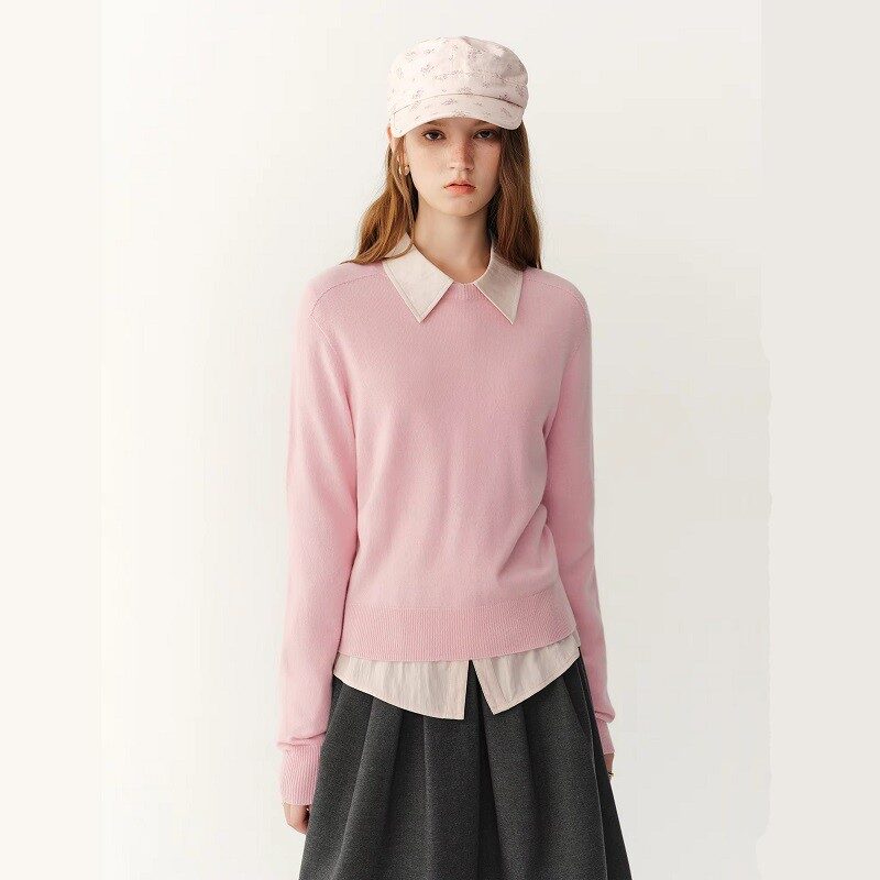 Pastel Luxe Knit Wool Crew Neck Pullover Pink