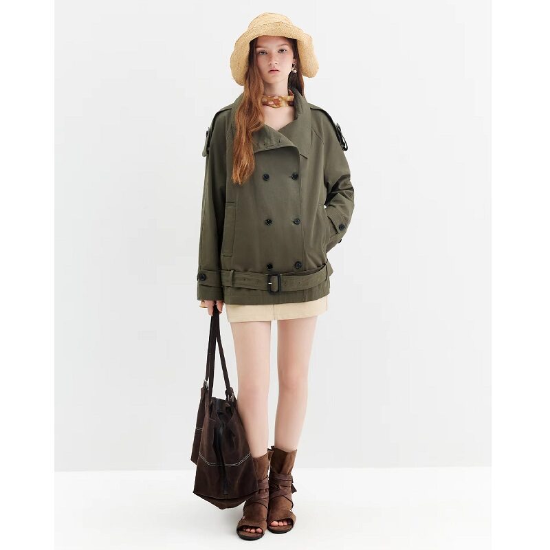 Metro Chic High-Collar Belted Short Trench Coat Green/Beige