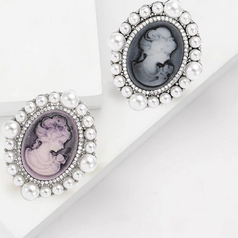 Baroque Majesty Pearl Micro-Pave Crystal Silver Lady Cameo Brooch