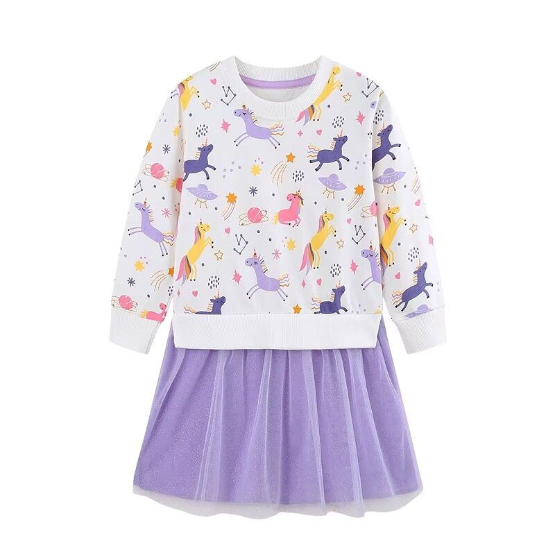 Starlight Unicorn Girls’ Sweatshirt Dress Cosmic Print Tulle-Hem