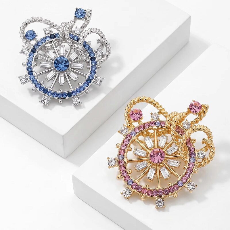 Nautical Horizon Rhinestone Ship Wheel/Anchor Brooch Pendant