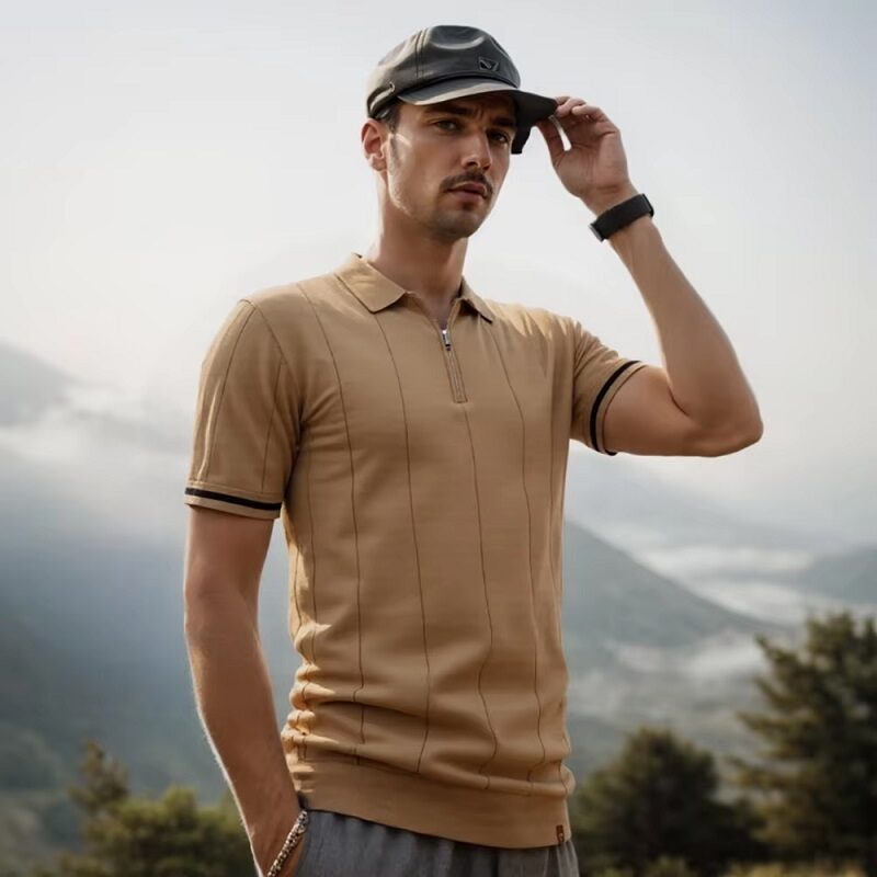 Athletic Polo Shirt Minimalist Zipper Short Sleeve Beige