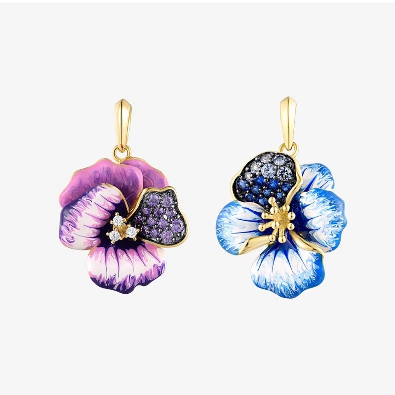 Cerulean Orchid S925 Silver Blue Spinel Hand-Painted Enamel Pendant
