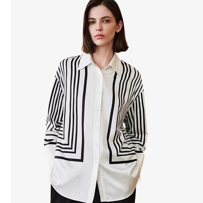 Black & White Geometric Line Print Silk-Touch Blouse