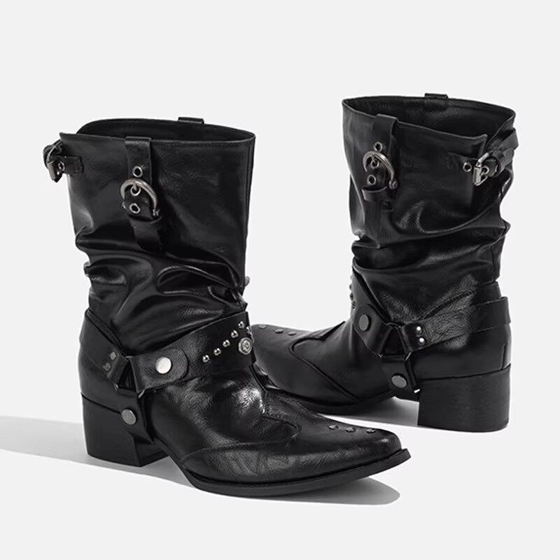 Riveted Slouchy Punk Western Ankle Boots Matte Onyx Black
