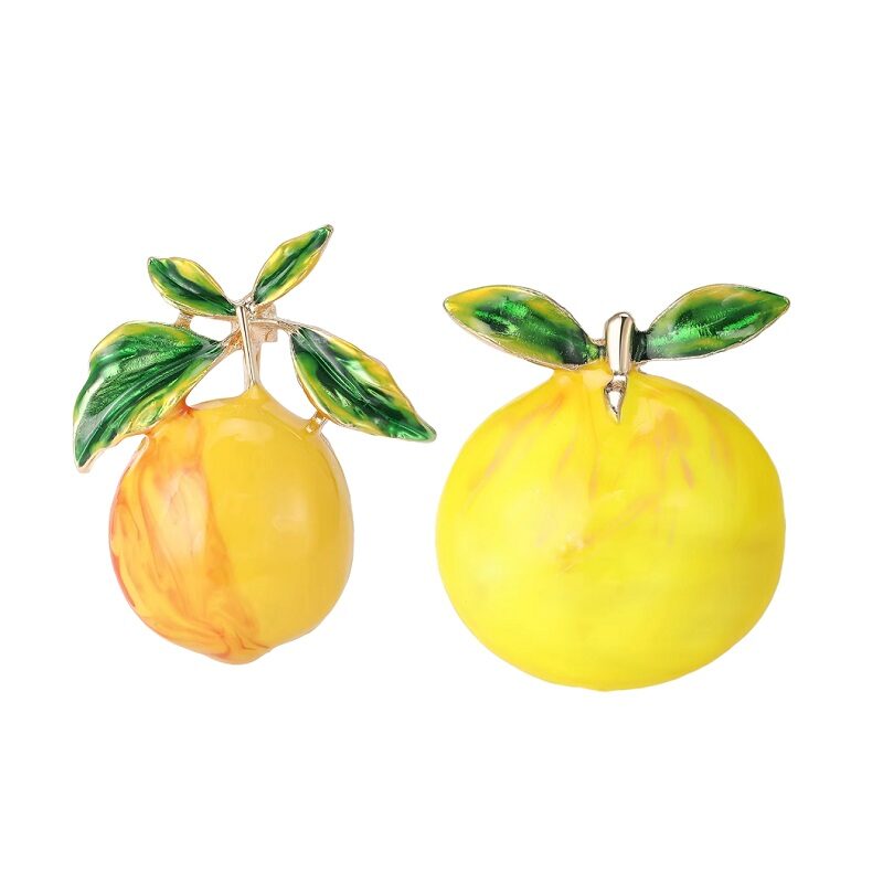 18K Gold-Plated Lemon Pin Brooches with Green Enamel Leaves