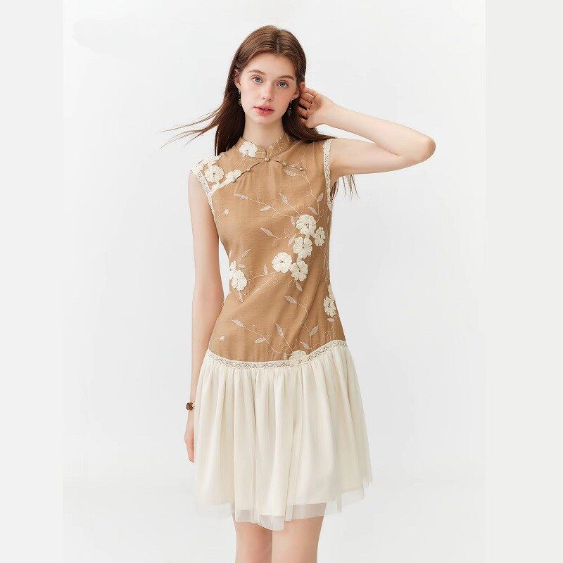 Mei-Lin Floral Dress Sleeveless With Sheer Mesh Skirt