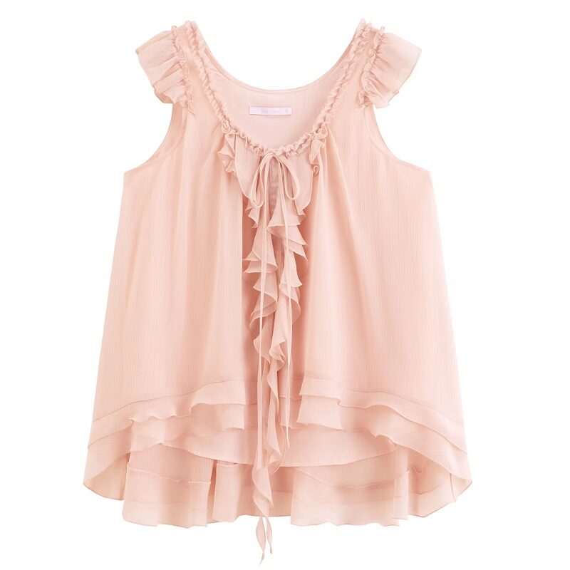 Pink Rose Ruffle Trim Sleeveless Pleated Blouse