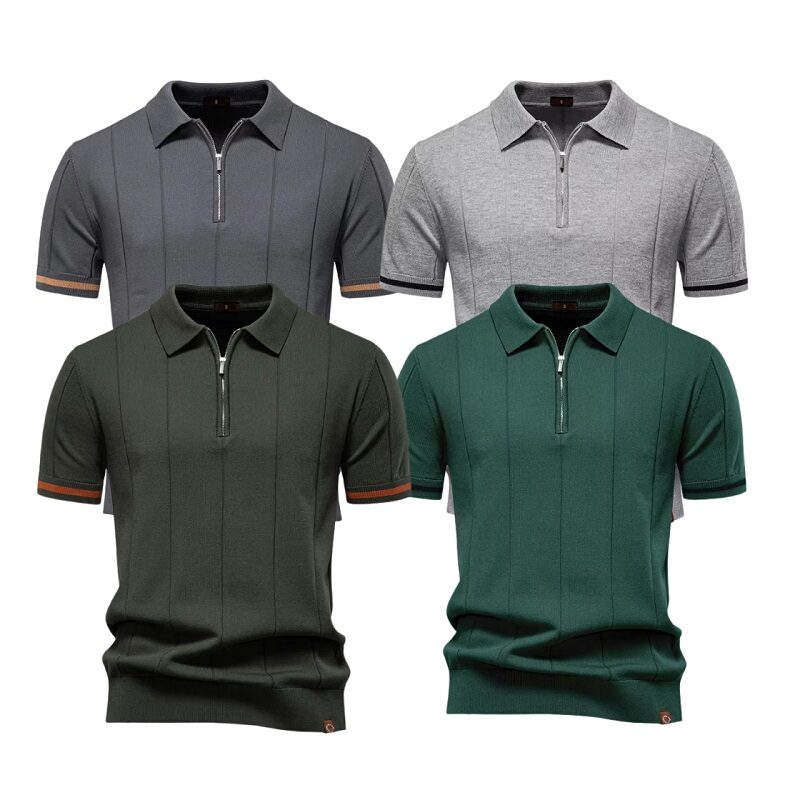 Men’s Solid Color Sport Zipper Polo Shirt Green Color Gray
