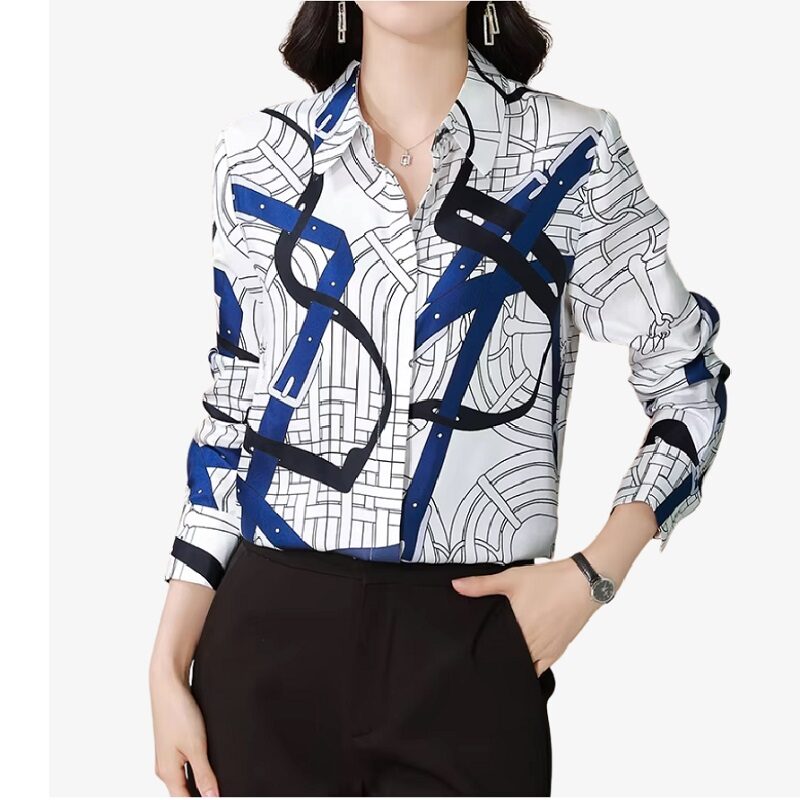 Silk Touch Belted Graphic Print Satin Lapel Blouse
