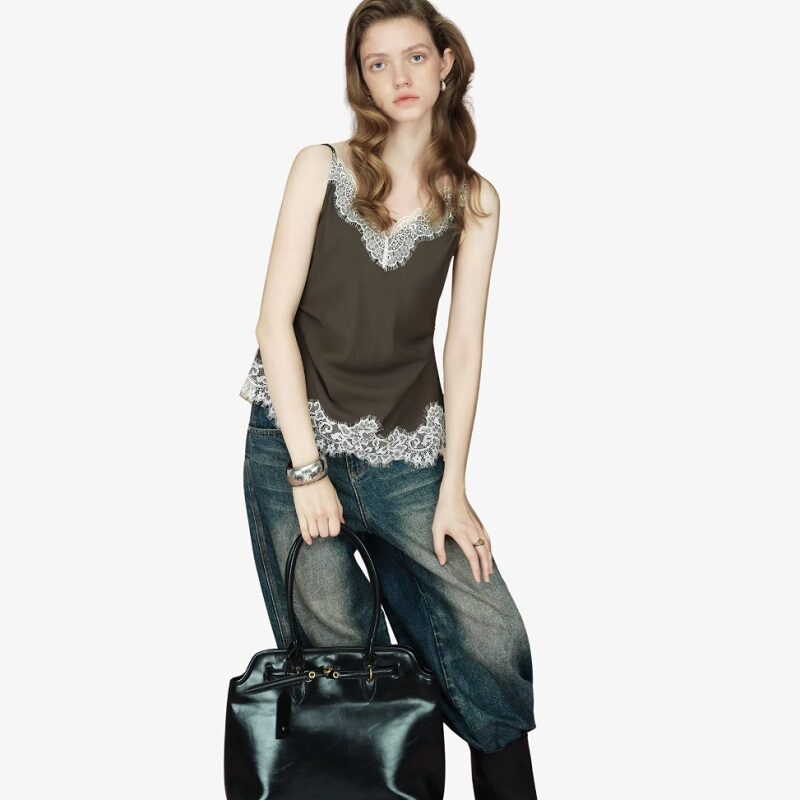 Sensual Breeze Lace-Trim Waist-Cinching Linen Blend Camisole