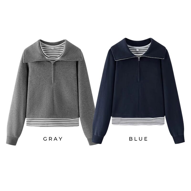 2-Piece Effect Zip-Collar Striped Sweatshirt Blue & Gray