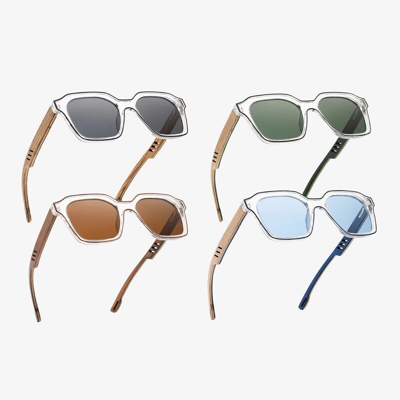 Cyber Minimalist Rectangle Polarized Sunglasses with Wood-Texture Temples