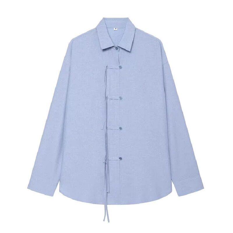 Modern Zen Soft Blue Front-Tie Collared Long Sleeve Blouse