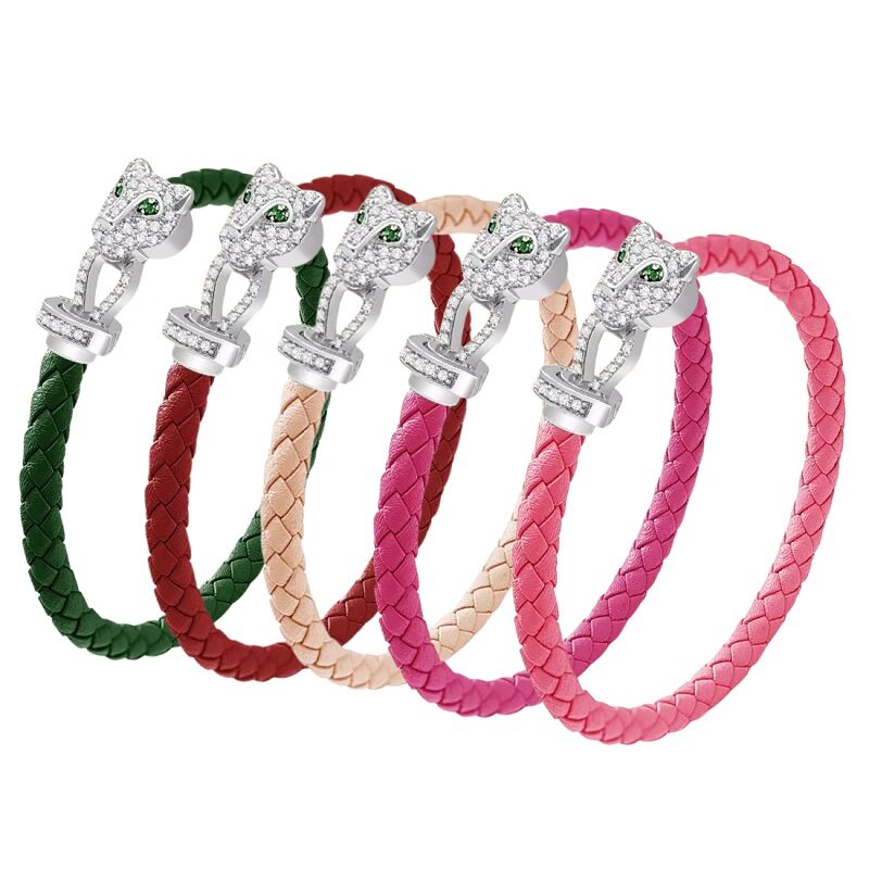 Panthera Royale Zircon Leather Bracelet Silver Aesthetic