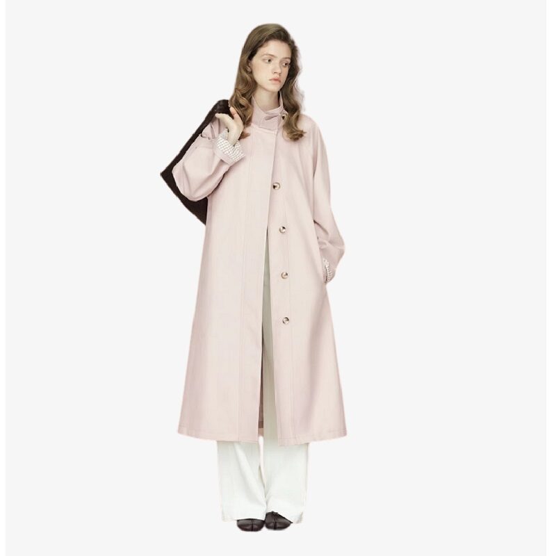 City Tailor Unbelted Stand-Collar Long Trench Coat with Contrast Cuffs