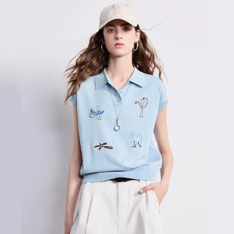 Sky Blue Embroidered Sleeveless Polo Knit