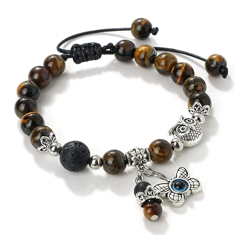 Volcanic Energy Natural Tiger Eye & Black Lava Stone Adjustable Bracelet