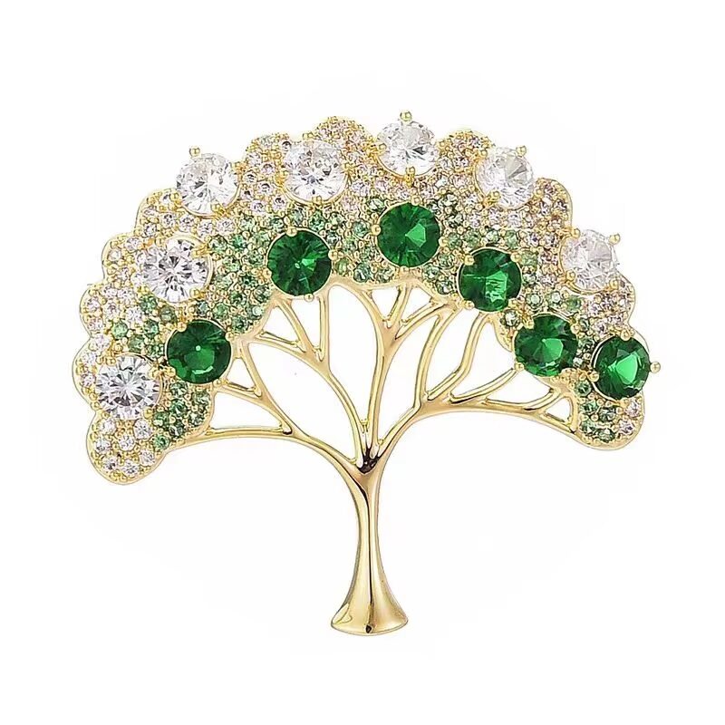 Emerald & Crystal Tree of Life Gold Brooch