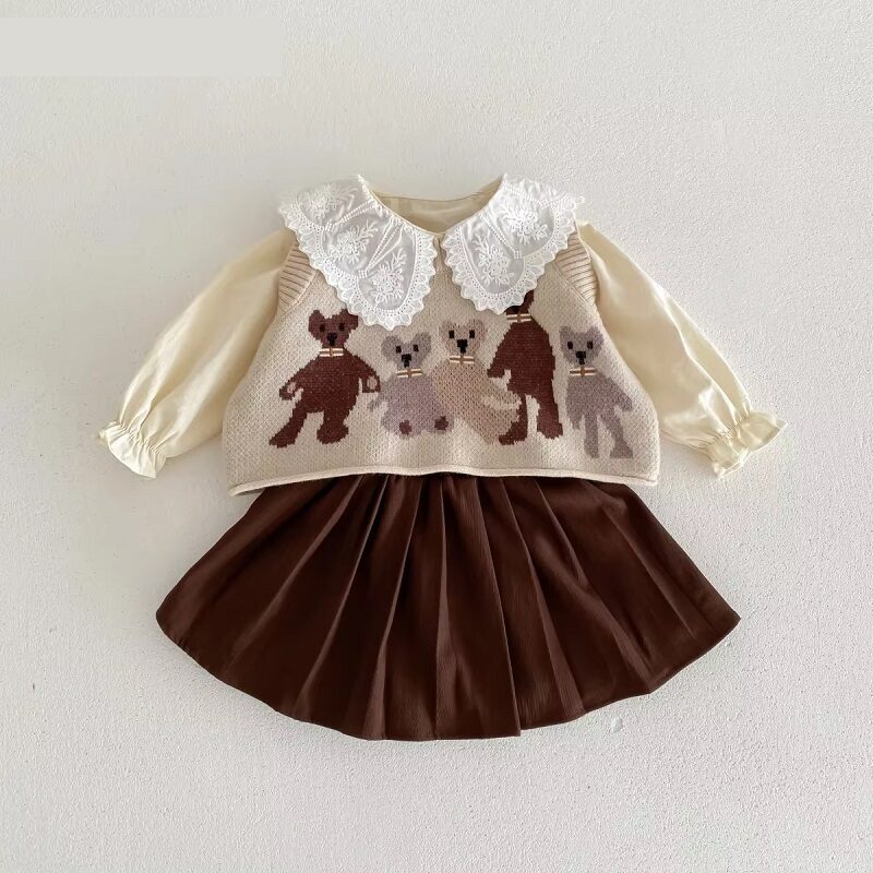 3-Piece Autumn Lace Collar Top Knit Vest Skirt