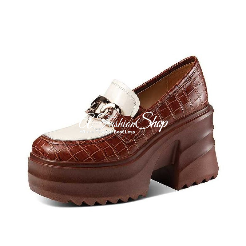 Gold Chain Platform Leather Brown n White