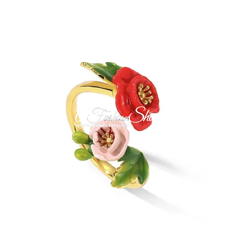 French Red Peony Enamel Resizable Ring