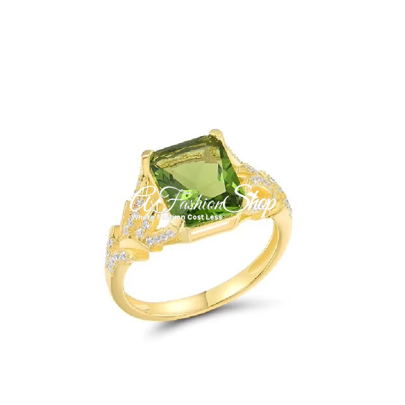 Square Cut Crystal Green Gold Ring