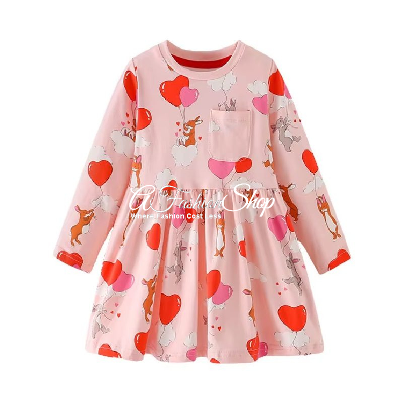 Heart Print Long Sleeve Cotton Dress