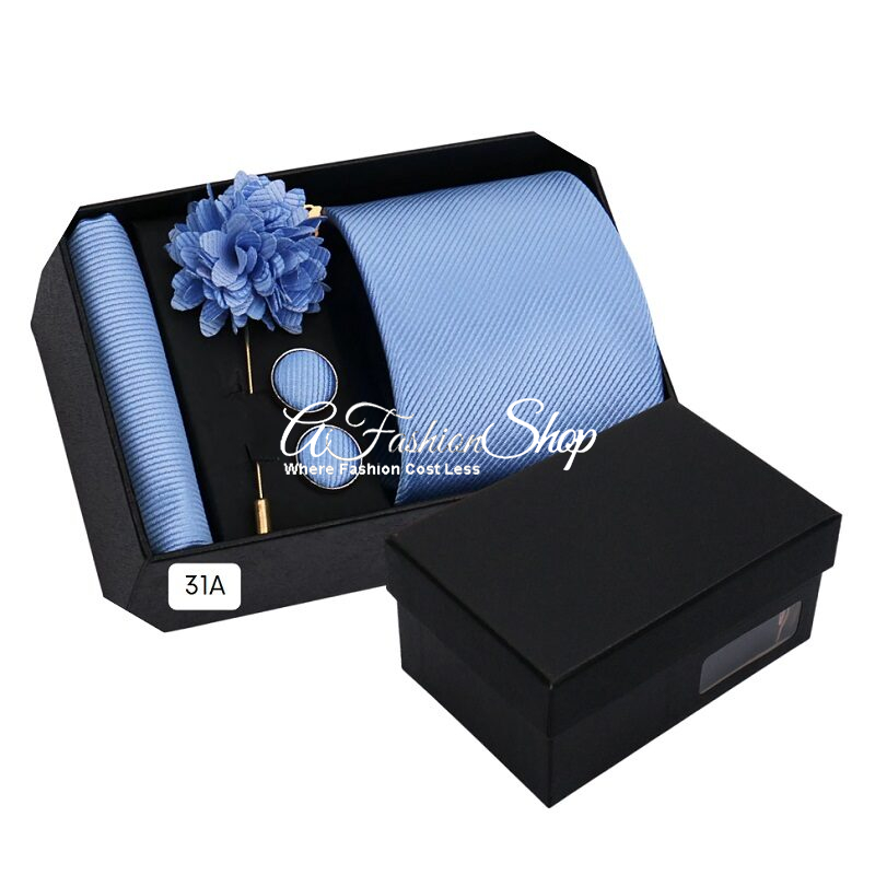 Men Necktie Handkerchief Solid Color Blue