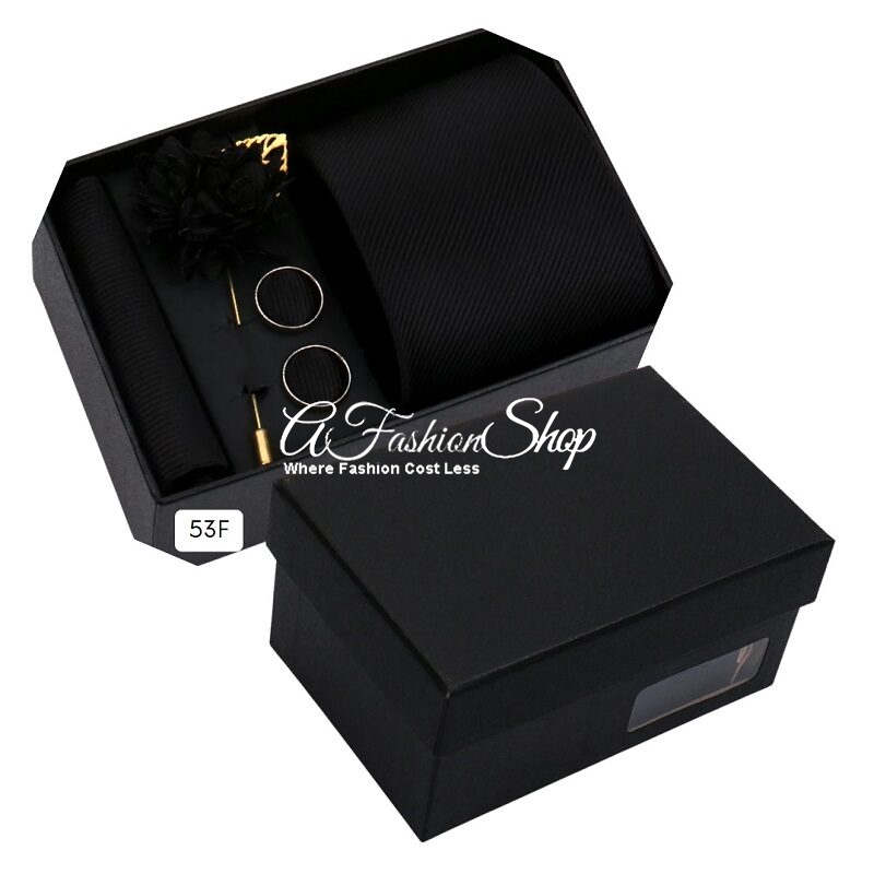 Men Necktie Handkerchief Solid Color Black