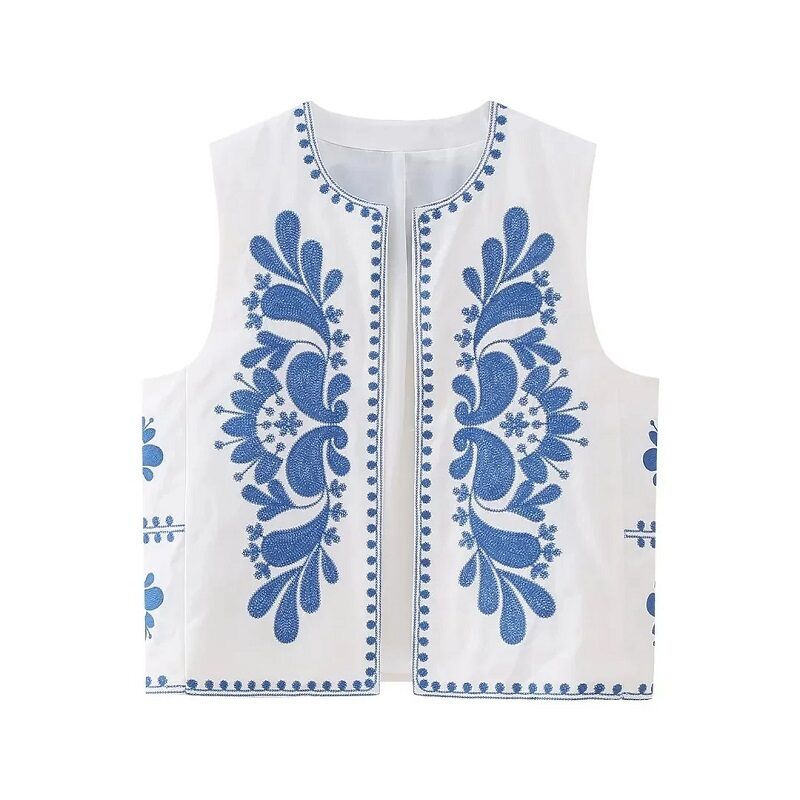 Sleeveless Embroidered Vest White/Yellow