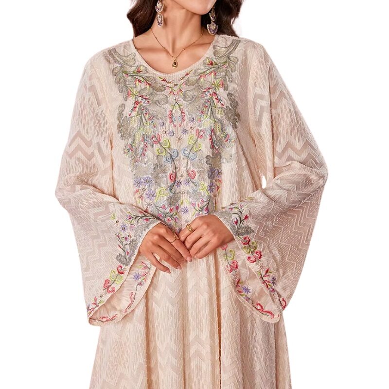 Long Sleeve Kaftan Tassel Tie Pink Embroidery