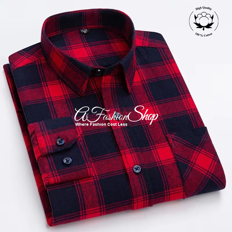 Red/Black Plaid Cotton Flannel Button-Down Shirt