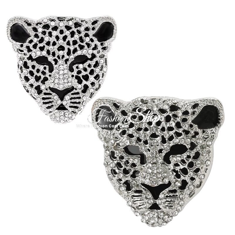 Leopard Brooch Silver Crystal 2 Sizes