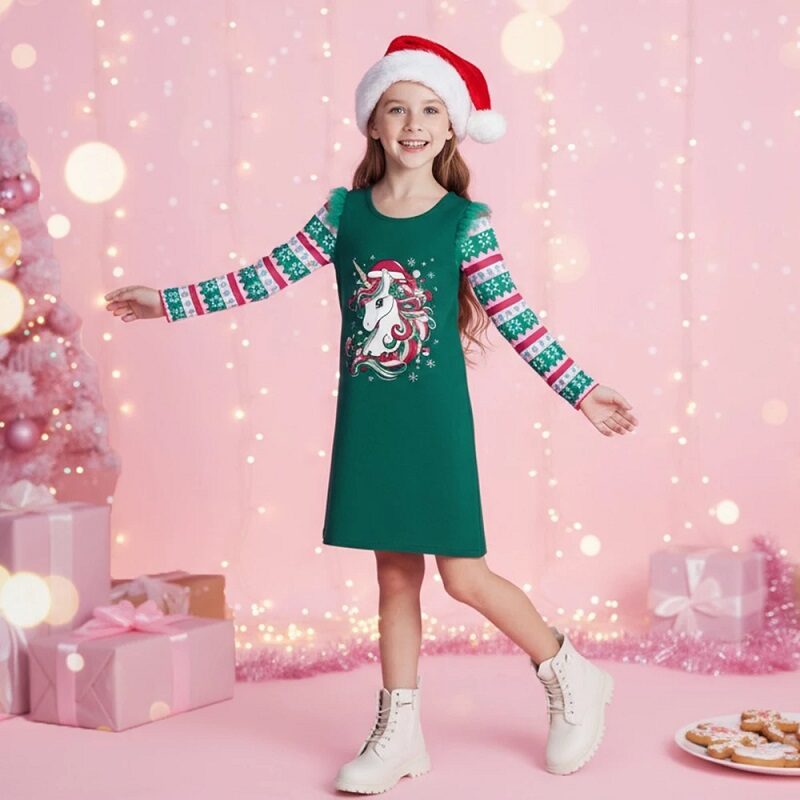 Girls’ A-Line Dress Holiday Festive Unicorn