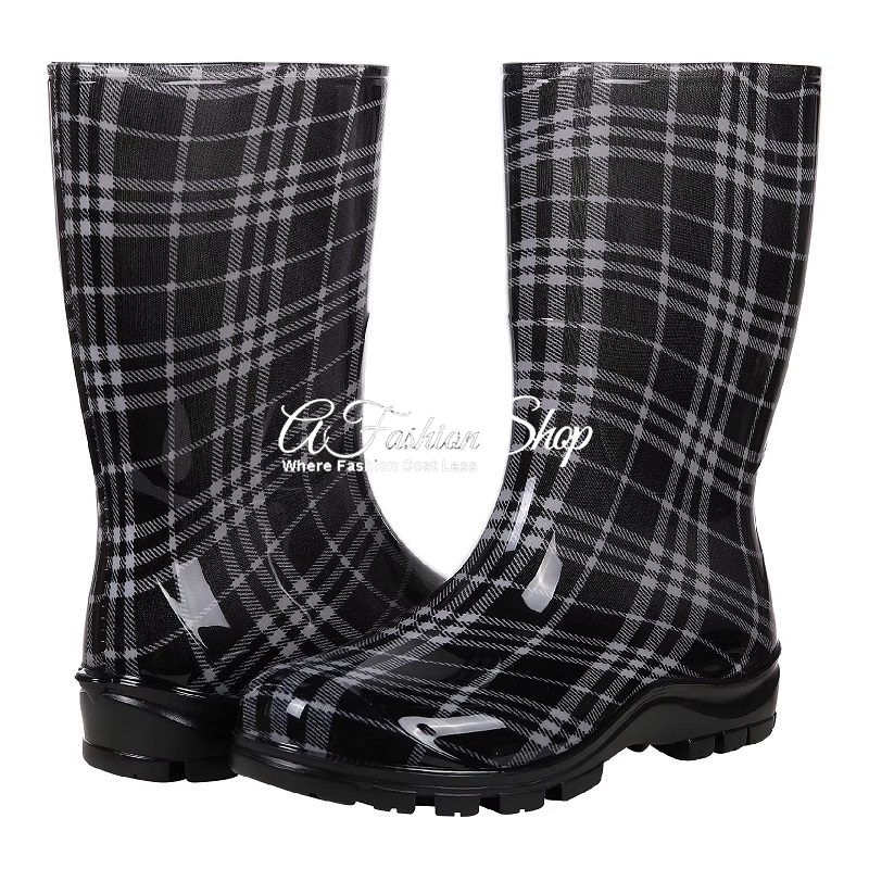 Women Platform Knee-High Boots Tartan Pattern