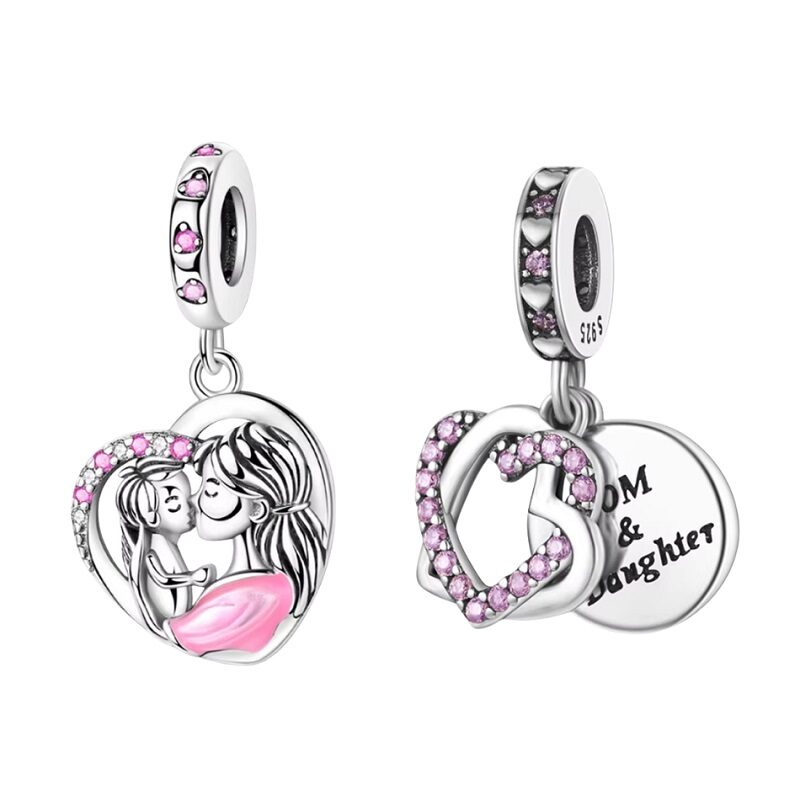 925 Sterling Silver Pink CZ Mother Child Heart Dangle Charm
