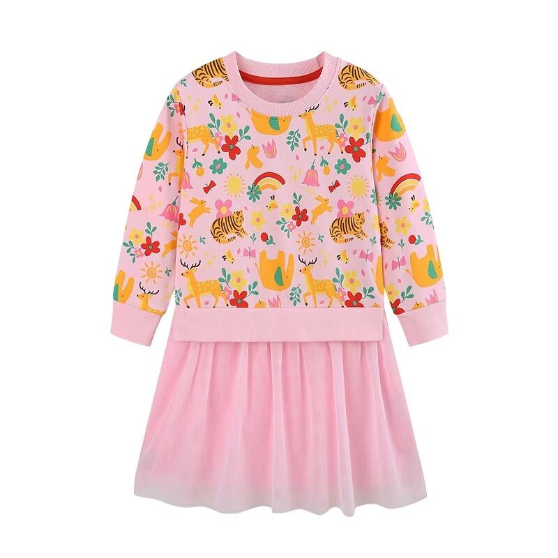 Enchanted Safari Girls’ Sweatshirt Dress Animal & Floral Print Tulle-Hem