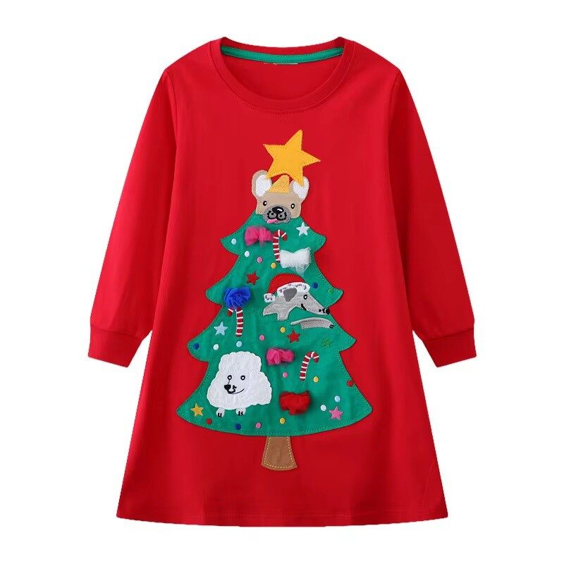 Holiday Parties Girls’ Festive Christmas Tree Applique A-Line Dress