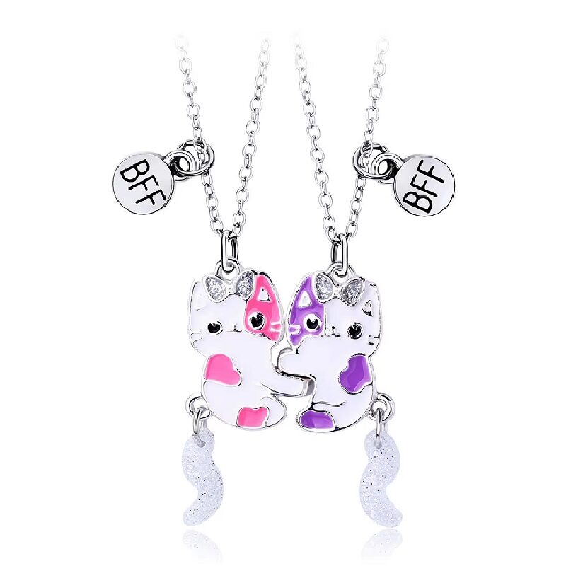 Purrfect Besties 2-Piece Enamel Kitty Cat Split Friendship Necklace Set